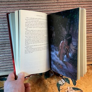 May include: An open book with text and an illustration. The illustration depicts a person in a misty, wooded area. The book's pages are cream-colored, and the cover is red. The text on the page is from Stephen King.