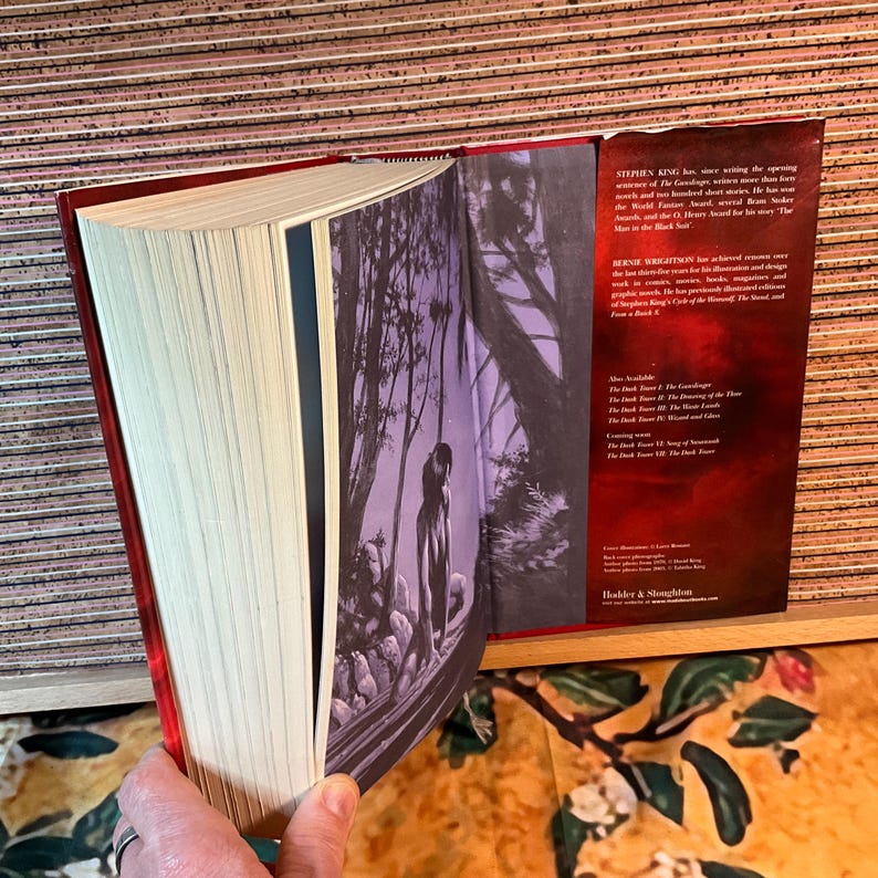 May include: An open hardcover book with a red spine and pages. The interior illustration depicts a dark, surreal scene with a figure in a boat. Text on the right page includes author information and book titles. The book is held open.