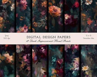 Stampe floreali impressioniste scure - modelli di carta stampabile digitale senza soluzione di continuità - download istantaneo per scrapbooking - licenza commerciale