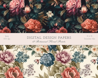 Belle stampe floreali botaniche - 12 modelli di carta stampabile digitale senza soluzione di continuità - download istantaneo per scrapbooking - licenza commerciale