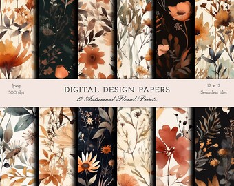 Carte per la stampa floreale dell'acquerello autunnale - 12 modelli di carta stampabile digitale senza soluzione di continuità - download per scrapbooking - licenza commerciale