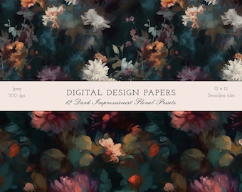 Stampe floreali impressioniste scure - modelli di carta stampabile digitale senza soluzione di continuità - download istantaneo per scrapbooking - licenza commerciale