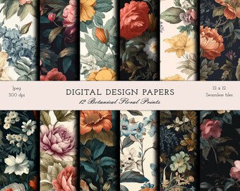 Belle stampe floreali botaniche - 12 modelli di carta stampabile digitale senza soluzione di continuità - download istantaneo per scrapbooking - licenza commerciale