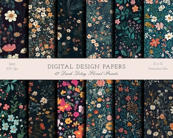 Stampe floreali scure - modelli di carta stampabile digitale senza soluzione di continuità - download istantaneo per scrapbooking - licenza commerciale