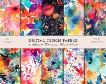 stampe floreali acquerello astratte luminose - 10 modelli di carta stampabile digitale senza soluzione di continuità - download per scrapbooking - licenza commerciale