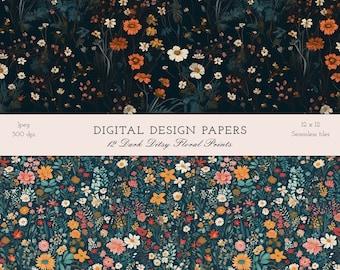 Stampe floreali scure - modelli di carta stampabile digitale senza soluzione di continuità - download istantaneo per scrapbooking - licenza commerciale
