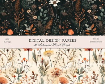 Carte per la stampa floreale dell'acquerello autunnale - 12 modelli di carta stampabile digitale senza soluzione di continuità - download per scrapbooking - licenza commerciale