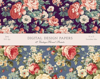 Belle stampe floreali vintage - 12 modelli di carta stampabile digitale senza soluzione di continuità - download istantaneo per scrapbooking - licenza commerciale