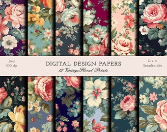 Belle stampe floreali vintage - 12 modelli di carta stampabile digitale senza soluzione di continuità - download istantaneo per scrapbooking - licenza commerciale