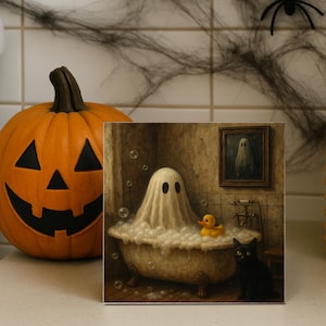 Funny Halloween Ghost Wood Block Sign: Cat & Duck Bathroom Decor