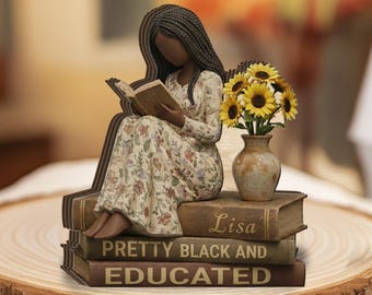 African Woman Reading Wooden Block: Cultural Black Art Display