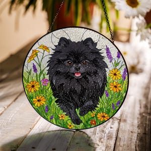 Black Pomeranian Wildflower Glass Suncatcher: Dog Mom Gift