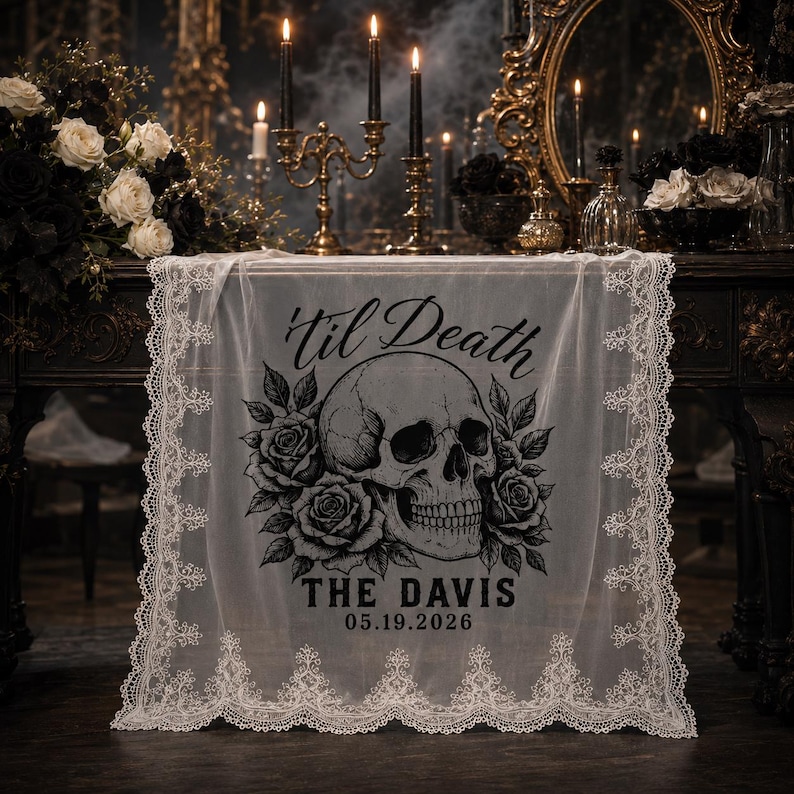 Custom Gothic Lace Table Sign, Skull Rose Wedding Reception Banner image 10