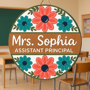 Personalized Assistant Principal Door Sign: Custom Floral Wood Name Plaque