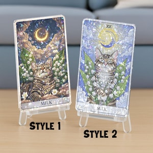 Carte de tarot de chat personnalisée avec fleur du mois de naissance - cadeau commémoratif holographique pour animal de compagnie - impression d'art chat kawaii - décoration de tarot animal personnalisée