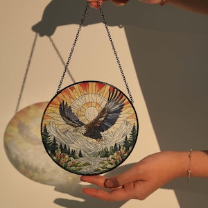 Bald Eagle Flying Glass Suncatcher: Mountain Landscape Window Hanging