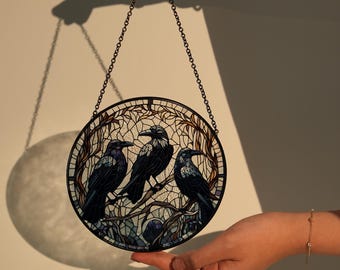 Three Crows Glass Suncatcher: Dark Academia Raven Window Hanging