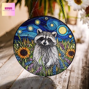Raccoon and Wildflowers Glass Suncatcher: Window Hanging