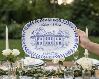 Bandeja personalizada para bodas: decoración ilustrada con toile azul