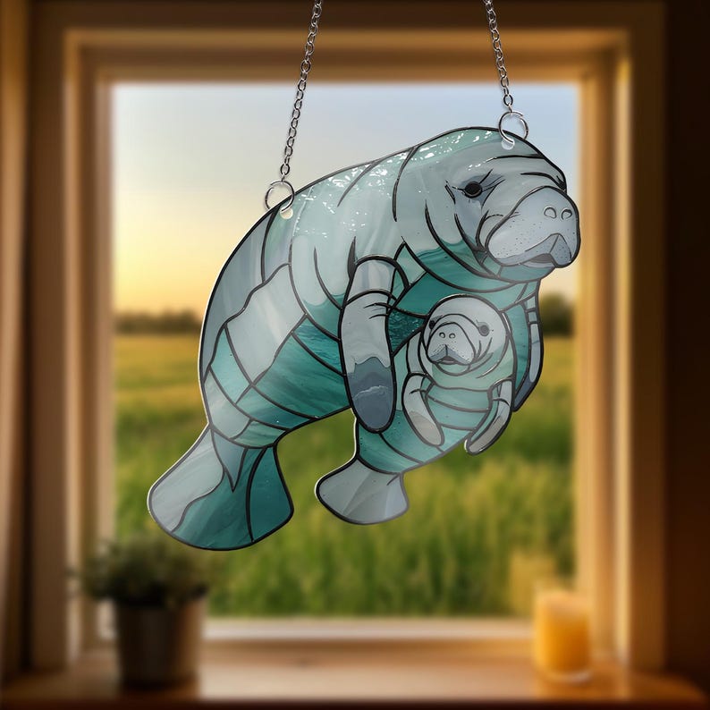 Manatee Mom and Baby Acrylic Suncatcher: Ocean Animal Window Hanging - Etsy
