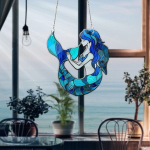 Mermaid Acrylic Window Hanging, Wall Art, Mermaid Hanging, Indoor Decor, Mermaid lovers gift, FAUX Stained glass, NOT Suncatcher