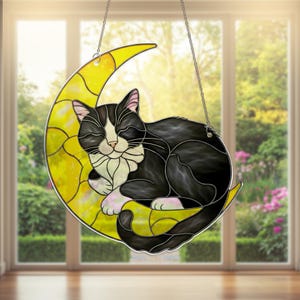 Tuxedo Cat Moon Suncatcher – FAUXED Stained Glass Cat Window Hanging, Crescent Moon Decor, Pet Lover Gift, Cat Memorial Sun Catcher