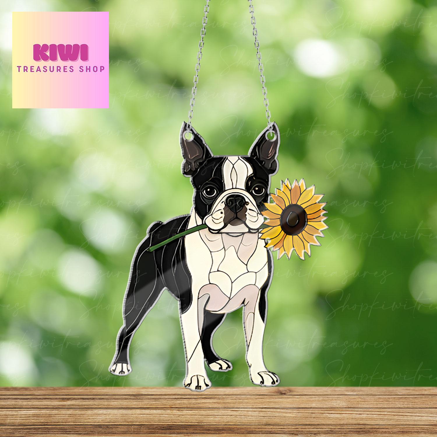 Boston Terrier with Sunflower Acrylic Window Hanging
