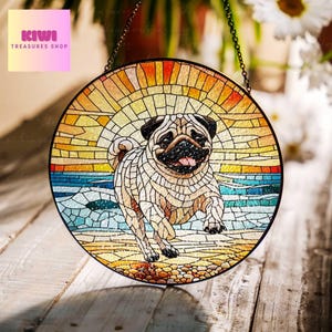 Pug Running on Beach Glass Suncatcher: Dog Window Hanging