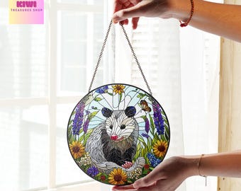 Opossum and Wildflowers Glass Suncatcher: Window Hanging