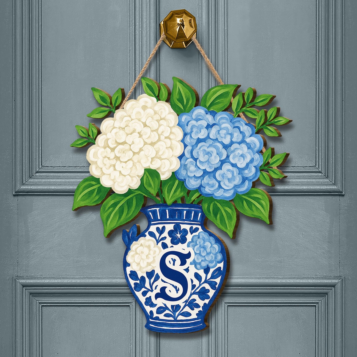 Monogram Hydrangea Door Hanger: Blue Chinoiserie Floral Decor - Etsy