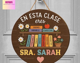 Custom Bilingual Teacher Wooden Door Hanger, Classroom Decor