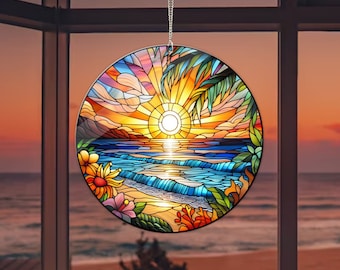 Beach Sunset Acrylic Window Hangings, Faux Stained Glass, Home Decor, Gift For Her, Summer vibes, Beach landscape, not suncatcher