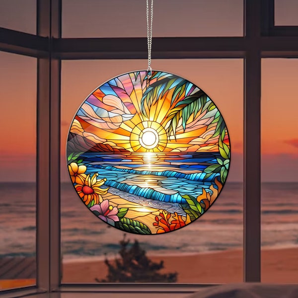 Beach Sunset Acrylic Window Hangings, Faux Stained Glass, Home Decor, Gift For Her, Summer vibes, Beach landscape, not suncatcher