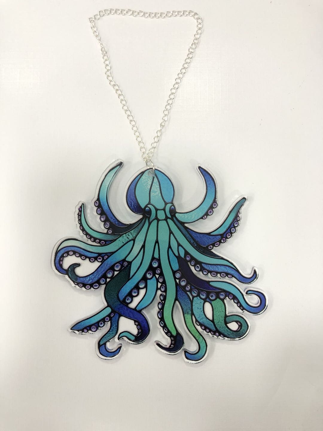 青いタコのアクリル窓飾り：フェイクステンドグラス風装飾