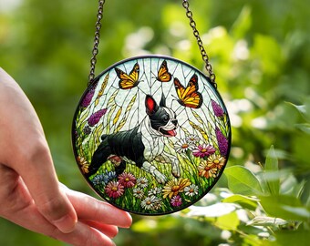 Boston Terrier Suncatcher: Wildflower Glass Window Hanging