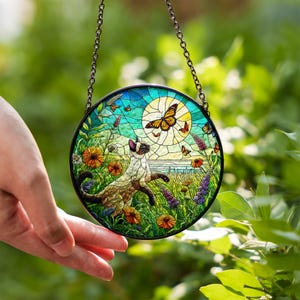 Siamese cat plays in wildflowers field GLASS suncatcher Hanging, siamese cat glass hanging, wildflowers Suncatcher, monarch suncatcher