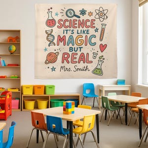 Tapiz personalizado para aula de ciencias: pancarta para docentes &quot;La ciencia es como magia, pero real&quot;