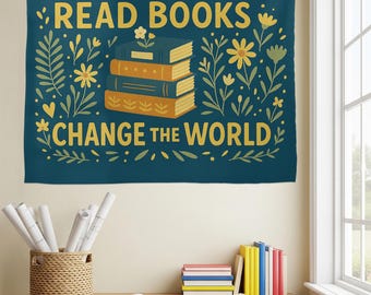 Read Books Change the World Tapestry – Book Lover Wall Hanging – Inspirational Library Decor for Classroom, Dorm, or Office