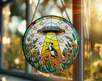 UFO Abduction Opossum Glass Suncatcher: Funny Window Hanging Gift Set