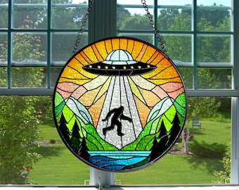 UFO Abduction Bigfoot Stained Glass Suncatcher: Funny Window Hanging