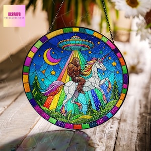 UFO Abduction Bigfoot driving unicorn Glass Suncatcher - Funny Gifts for sasquatch lover, Window Hanging, Indoor Decor, Suncatcher, Bigfoot