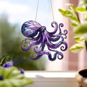 Purple Octopus Acrylic Window Hanging: Coastal Home Decor