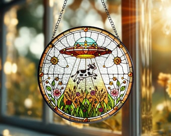 UFO Abduction Cow Glass Suncatcher: Funny Window Hanging Decor