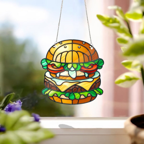 Lustiger Hamburger-Fensterbehang aus ACRYL, lustige Wohndekoration, Essensküchendekoration, Geschenk für Essensliebhaber, Hamburger-Geschenk, Essensdekoration, Hamburger-Liebhaber