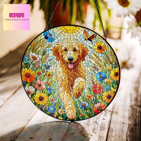 Goldendoodle Wildflower Glass Suncatcher: Window Decor Hanging