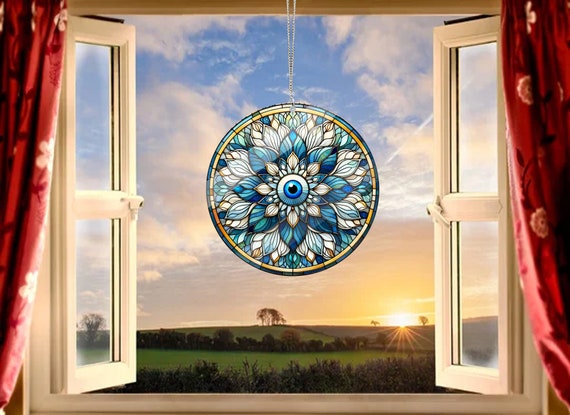 Crow Bird Owl Printed Stained Suncatcher Circular Acrylic Panel Wall Hanging Pendant Window Home Room Decoration Garden Ornament