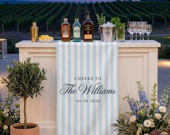 Custom Wedding Bar Sign:  Personalized Blue Stripe Bar Linen Decor