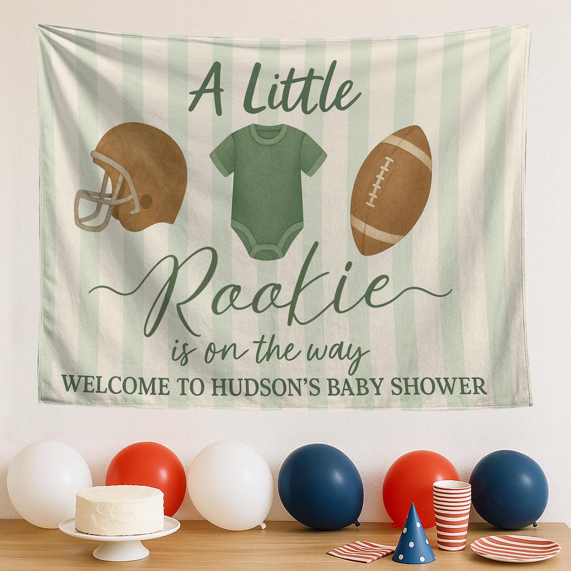 Little Rookie Baby Shower Tapestry – Personalized Football Theme Party ...