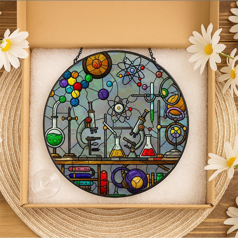 May include: A round stained glass panel depicting a science lab scene with beakers, microscopes, and atom models. The panel features a variety of colors, including green, red, yellow, and blue, and is set in a cardboard box with white padding.