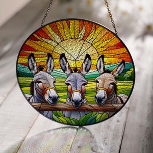 3 Donkey Peeking GLASS Suncatcher Wiszący, miłośnicy osłów, Wiszące na oknie, wystrój domu na farmie, Znak na farmie, Zwierzę gospodarskie, Zabawny osioł